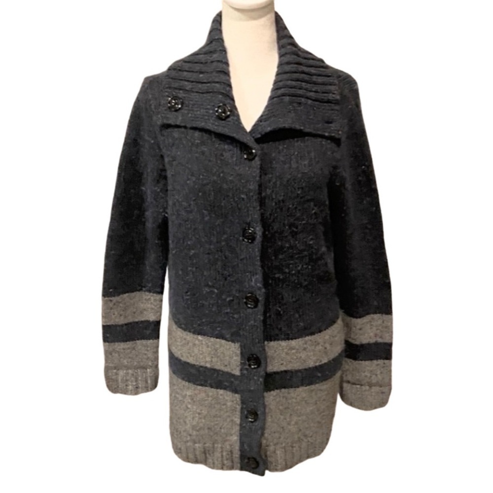 Talbots Wool Blend Women's Navy and Gray Button-Up Chunky Cardigan. Size LP.
